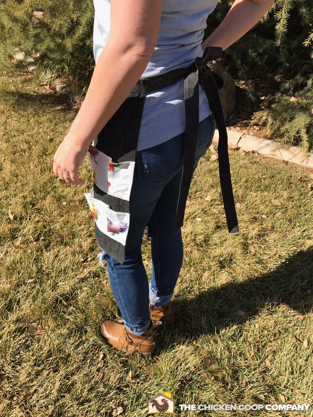 Black Denim Egg Apron with Chicken Print Pockets - 14 Pockets Hand Sewn! - Image 3