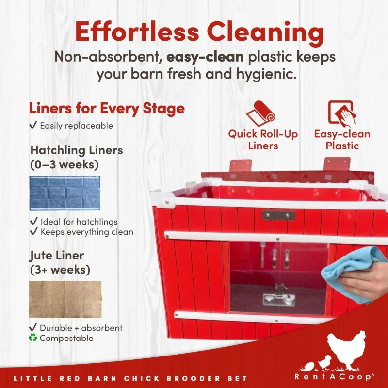 RentACoop Little Red Barn Chick Brooder Set | Durable, Lightweight, easy-clean, multipurpose | With Heating Plate, Feeder, Waterer, Chick Swing, Absorbent Hatchling Liners, Jute Liners, LED Light, Security Latch - Image 6